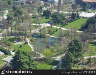 Milan aerial view. Aerial view of Parco Sempione park in the city of Milan in Italy