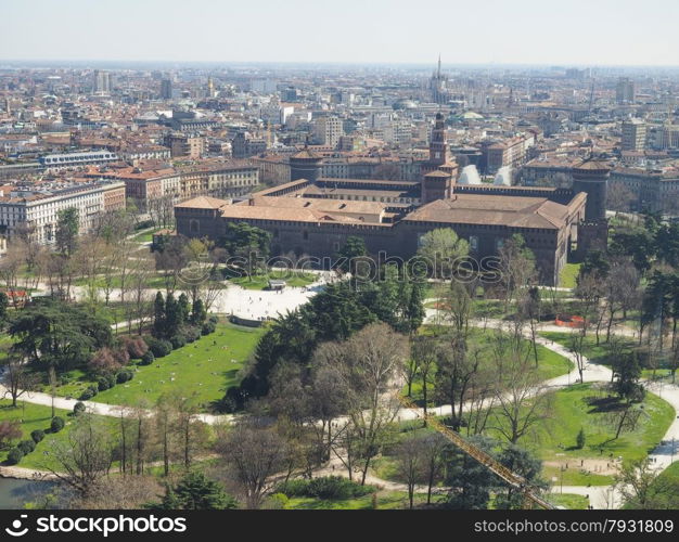 Milan aerial view. Aerial view of Parco Sempione park in the city of Milan in Italy