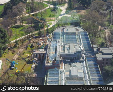 Milan aerial view. Aerial view of Parco Sempione park in the city of Milan in Italy