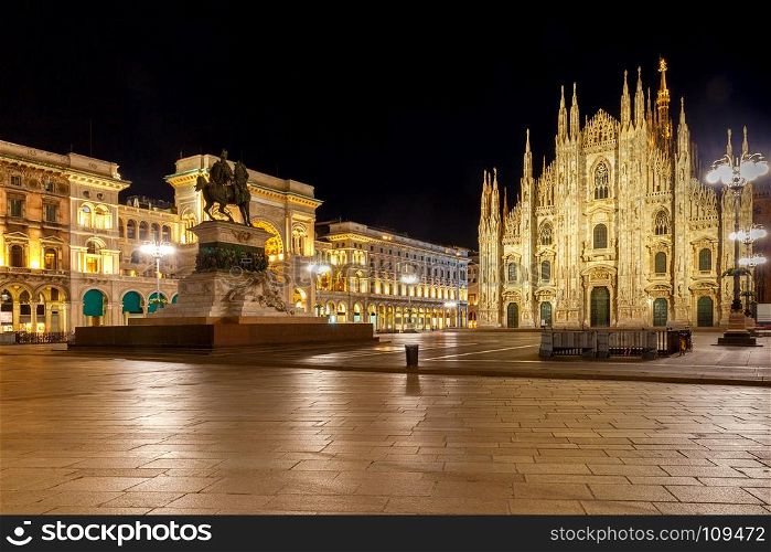 Milan. Cathedral of the Nativity of the Virgin Mary at dawn.. Milan Cathedral, the Duomo di Milano at dawn, one of the largest Catholic churches. Milan. Italy.