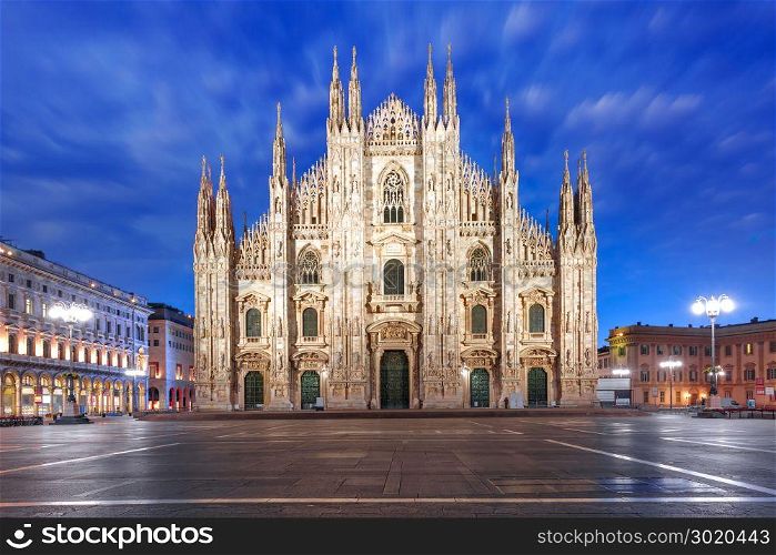 Milan Cathedral on Piazza del Duomo, Milan, Italy. Piazza del Duomo, Cathedral Square, with Milan Cathedral or Duomo di Milano during morning blue hour, Milan, Lombardia, Italy