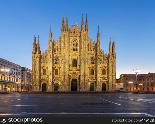 Milan Cathedral, the Duomo di Milano at dawn, one of the largest Catholic churches. Milan. Italy.. Milan. Cathedral of the Nativity of the Virgin Mary at dawn.
