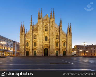 Milan Cathedral, the Duomo di Milano at dawn, one of the largest Catholic churches. Milan. Italy.. Milan. Cathedral of the Nativity of the Virgin Mary at dawn.