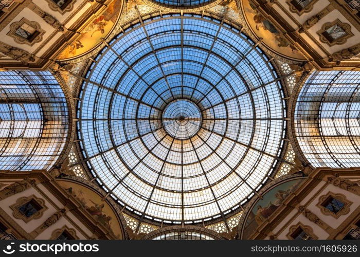 MILAN, ITALY - CIRCA AUGUST 2020  Architecture in Milan fashion Gallery, Italy. Dome roof architectural detail.