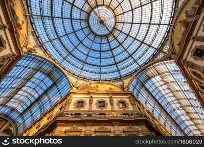 MILAN, ITALY - CIRCA AUGUST 2020  Architecture in Milan fashion Gallery, Italy. Dome roof architectural detail.