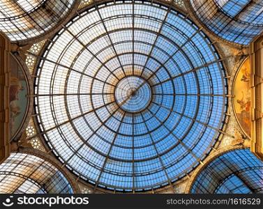 MILAN, ITALY - CIRCA AUGUST 2020  Architecture in Milan fashion Gallery, Italy. Dome roof architectural detail.