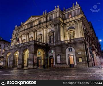 MILAN, ITALY - CIRCA AUGUST 2020: Theatre La Scala by night. One of the most famous Italian buildings made in 1778.
