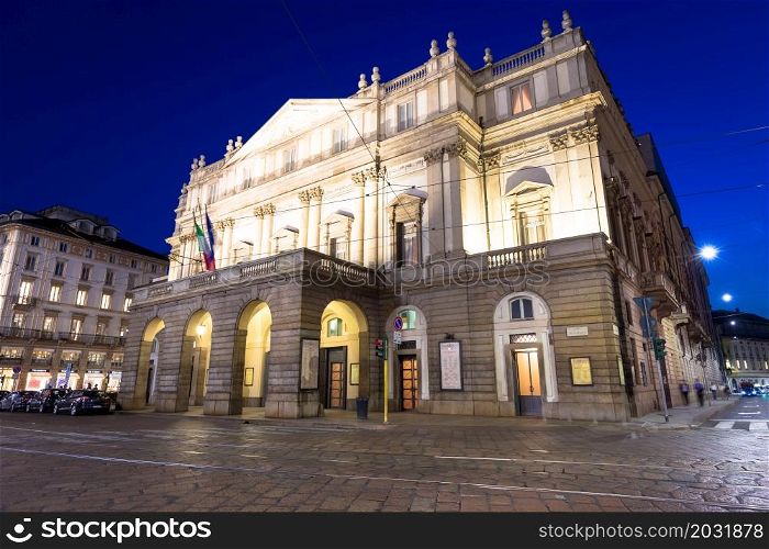MILAN, ITALY - CIRCA AUGUST 2020: Theatre La Scala by night. One of the most famous Italian buildings made in 1778.