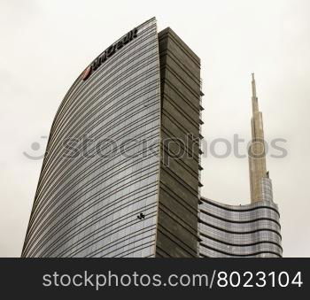 MILAN, ITALY - MARCH 30, 2016: Unicredit Tower in piazza Gae Aulenti, in Milan. The building is one of the highest in Italy. Unicredit is one of leading banks in Italy.