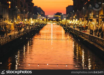 Milan, Italy, Navigli canal in the evening decorated with christmas lights