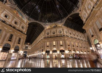 MILAN, ITALY - SEPTEMBER 24, 2019: Luxury Stores in Galleria Vittorio Emanuele II - shopping mall in Milan.