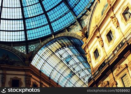MILAN, ITALY SEPTEMBER 25, 2015: Glass roof of Victor Emanuel shopping gallery in the Milan.