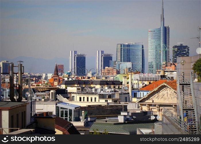 Milan skyline with modern skyscrapers in Porto Nuovo business district, Italy. Panorama of Milano city for background.. Milan skyline with modern skyscrapers in Porto Nuovo business district, Italy. Panorama of Milano city for background