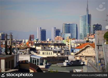 Milan skyline with modern skyscrapers in Porto Nuovo business district, Italy. Panorama of Milano city for background.. Milan skyline with modern skyscrapers in Porto Nuovo business district, Italy. Panorama of Milano city for background