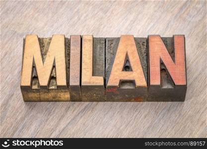 Milan word abstract in vintage letterpress wood type printing blocks