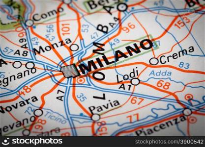 Milano city on a road map