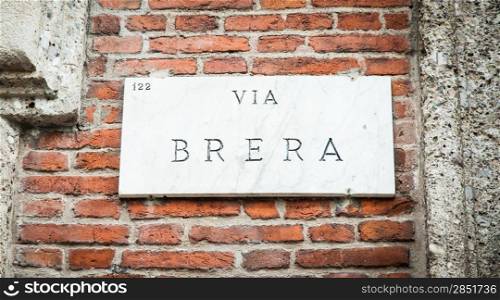 Milano, Italy. Street sign of the famous Breara area, location of artists and museums
