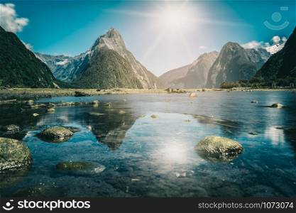 Milford Sound, New Zealand. - Mitre Peak is the iconic landmark of Milford Sound in Fiordland National Park, South Island of New Zealand, the most spectacular natural attraction in New Zealand.
