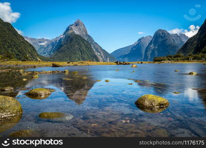 Milford Sound, New Zealand. - Mitre Peak is the iconic landmark of Milford Sound in Fiordland National Park, South Island of New Zealand, the most spectacular natural attraction in New Zealand.. Milford Sound in New Zealand