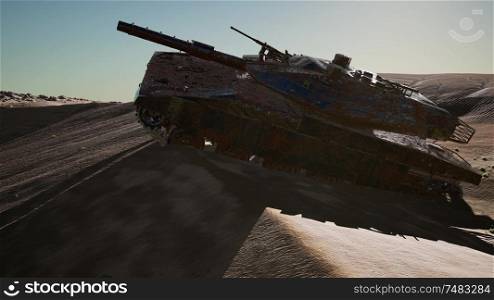 Militairy tanks destructed in the desert at sunset