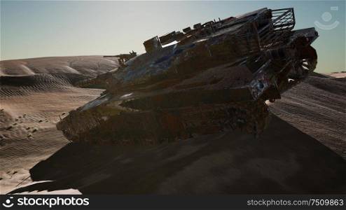 Militairy tanks destructed in the desert at sunset