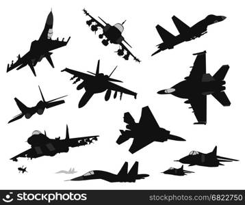 Military aircrafts set. Military aircraft silhouettes collection. Vector