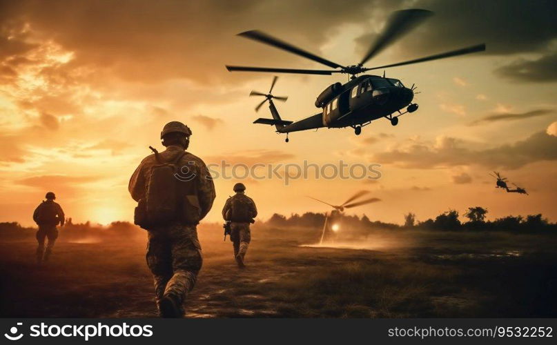 Military and helicopter troops on the way to the battlefield