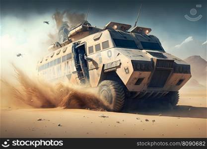 Military armored car rides in the desert. Neural network AI generated art. Military armored car rides in the desert. Neural network AI generated