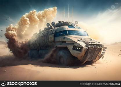 Military armored car rides in the desert. Neural network AI generated art. Military armored car rides in the desert. Neural network AI generated