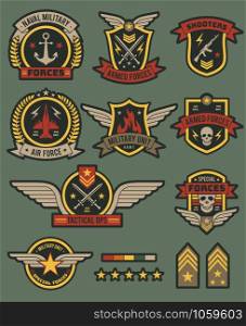 Military army badges. Patches, soldier chevrons with ribbon and star. Vintage airborne labels, t-shirt graphics, military style vector tactical seal tag set. Military army badges. Patches, soldier chevrons with ribbon and star. Vintage airborne labels, t-shirt graphics, military style vector set