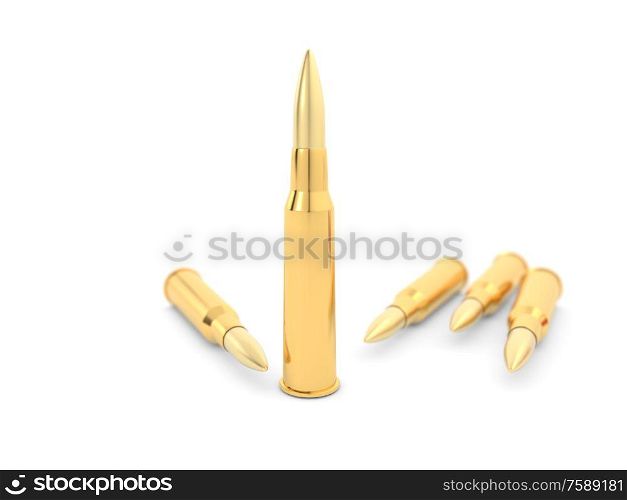 Military army bullets on a white background. 3d render illustration.. Military army bullets on a white background.