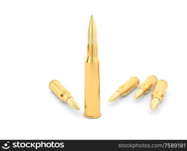 Military army bullets on a white background. 3d render illustration.. Military army bullets on a white background.