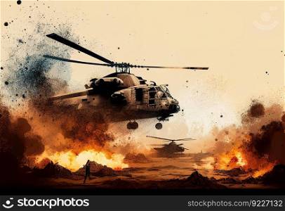 Military choppers or helicopters crosses fire illustration. Ai genrative.