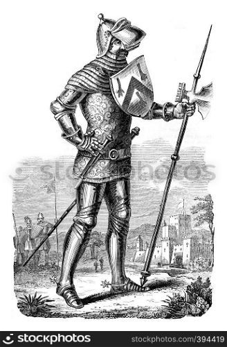 Military costume during the reign of Henry V, vintage engraved illustration. Colorful History of England, 1837.