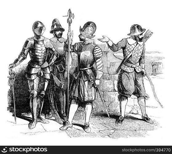 Military Costumes beginning of the reign of Elizabeth, vintage engraved illustration. Colorful History of England, 1837.
