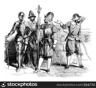 Military Costumes beginning of the reign of Elizabeth, vintage engraved illustration. Colorful History of England, 1837.