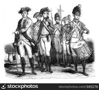 Military costumes, Infantry, vintage engraved illustration. Colorful History of England, 1837.