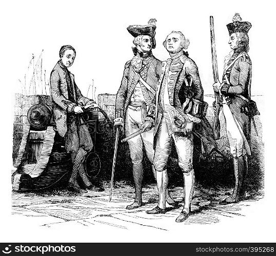Military costumes, vintage engraved illustration. Colorful History of England, 1837.