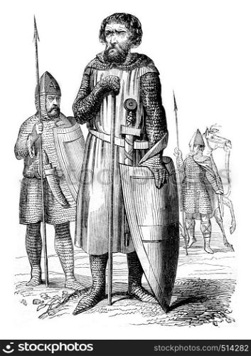 Military costumes, vintage engraved illustration. Magasin Pittoresque 1844.