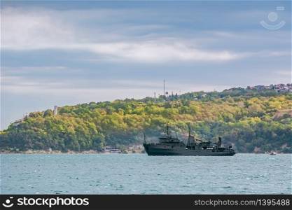 Military Degaussing Ship in the Black Sea. Military Ship in the Sea
