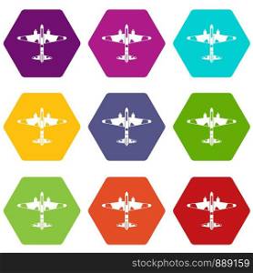 Military fighter aircraft icon set many color hexahedron isolated on white vector illustration. Military fighter aircraft icon set color hexahedron