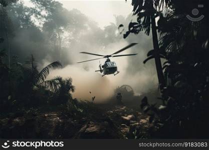 military helicopter landing in smoke-filled jungle, with armed guards ready for action, created with generative ai. military helicopter landing in smoke-filled jungle, with armed guards ready for action
