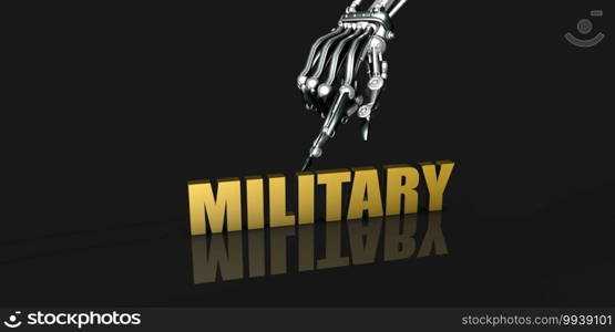 Military Industry with Robotic Hand Pointing on Black Background. Military Industry
