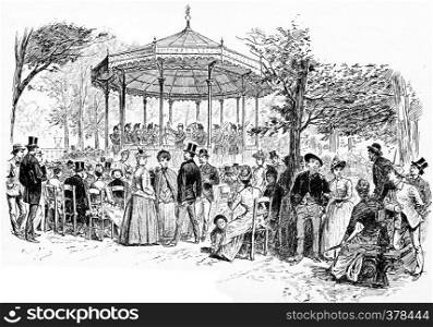 Military Music in the Luxembourg Gardens, vintage engraved illustration. Paris - Auguste VITU ? 1890.