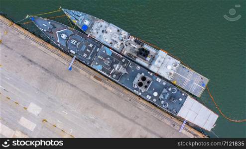 Military navy ship in the port, Aerial view warship.