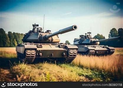 Military or army tank ready to attack and moving over a deserted battle field terrain. Neural network AI generated art. Military or army tank ready to attack and moving over a deserted battle field terrain. Neural network AI generated