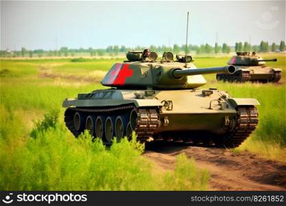 Military or army tank ready to attack and moving over a deserted battle field terrain. Neural network AI generated art. Military or army tank ready to attack and moving over a deserted battle field terrain. Neural network AI generated