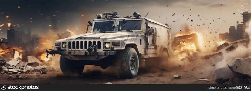 Military Pickup Truck in Middle East Destruction. Generative ai. High quality illustration. Military Pickup Truck in Middle East Destruction. Generative ai