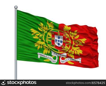 Military Portugal Flag On Flagpole, Isolated On White Background. Military Portugal Flag On Flagpole, Isolated On White