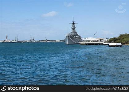 Military ship in the sea, USS Arizona Memorial, Pearl Harbor, Honolulu, Oahu, Hawaii Islands, USA
